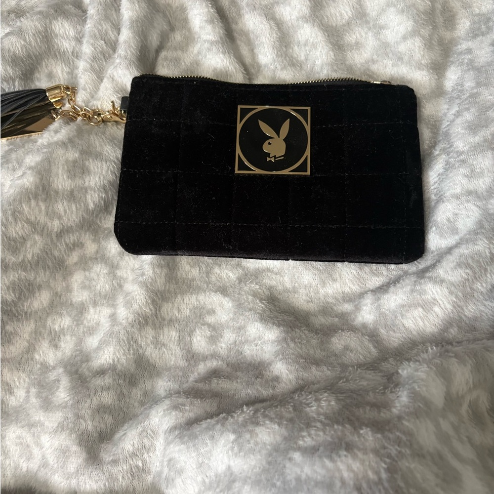 Playboy Black Quilted Velvet Wristlet with Gold Logo